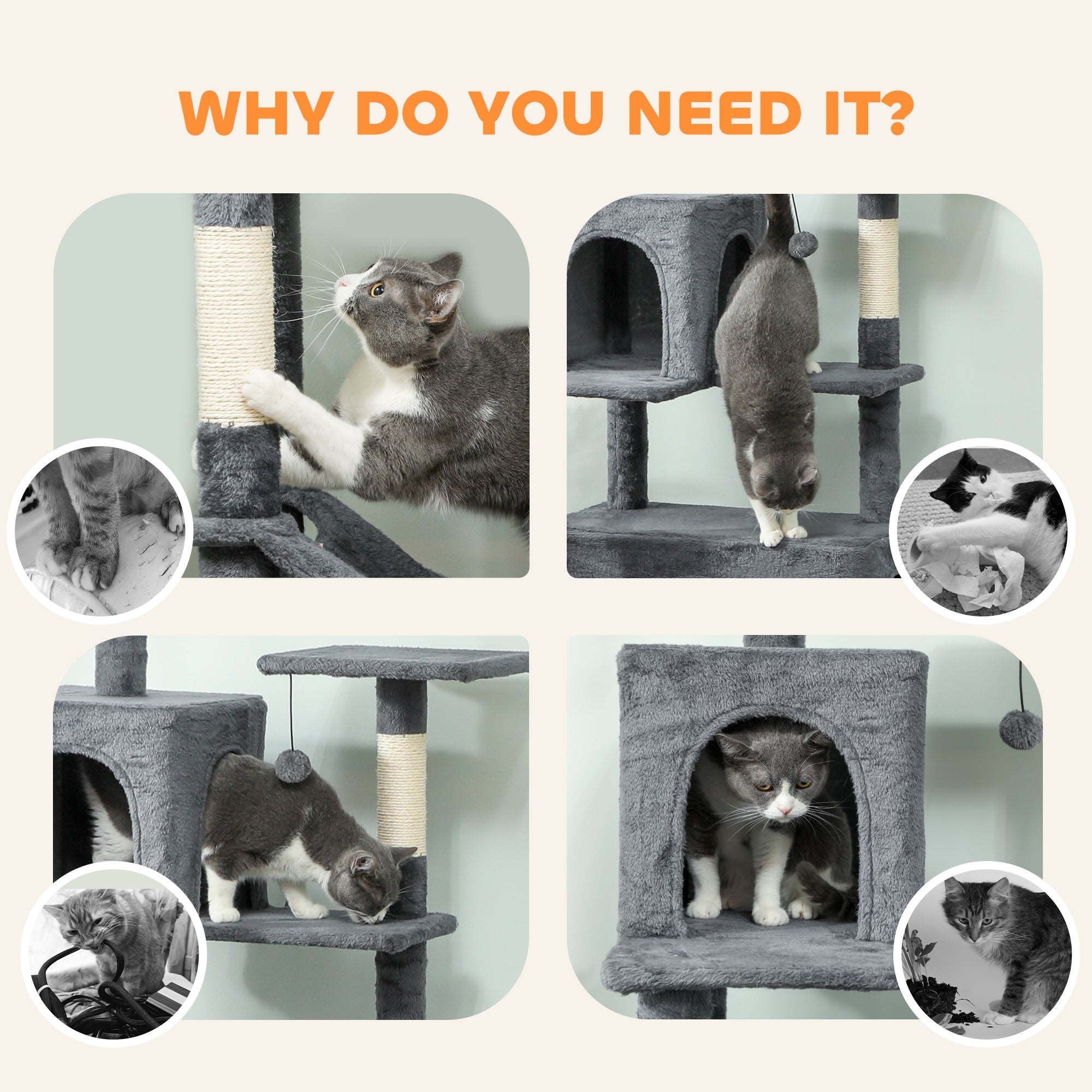 Gray plush pawhut cat tree with sisal scratching posts and hanging ball toy large indoor cat houses 60w x 48d