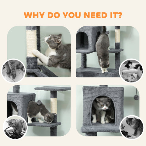 Gray plush pawhut cat tree with sisal scratching posts and hanging ball toy large indoor cat houses 60w x 48d
