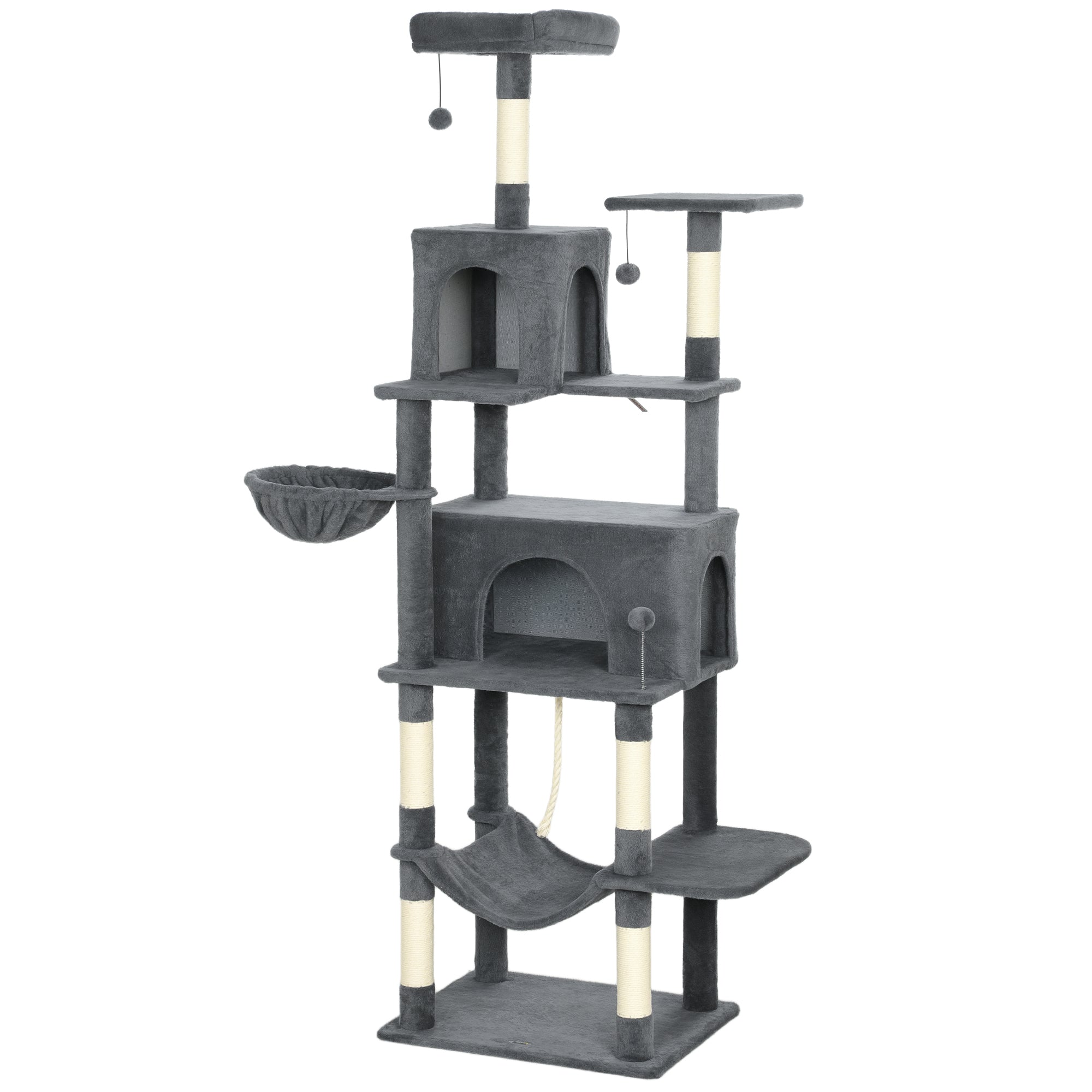 Gray pawhut 202cm cat tree with sisal scratching posts plush platforms and cat houses for indoor cats 60w x 48d