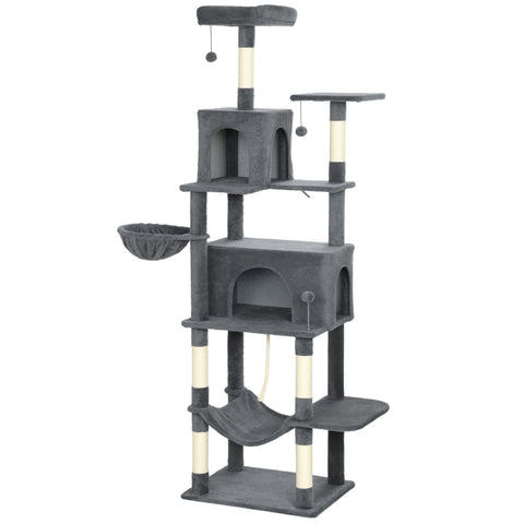 Gray pawhut 202cm cat tree with sisal scratching posts plush platforms and cat houses for indoor cats 60w x 48d