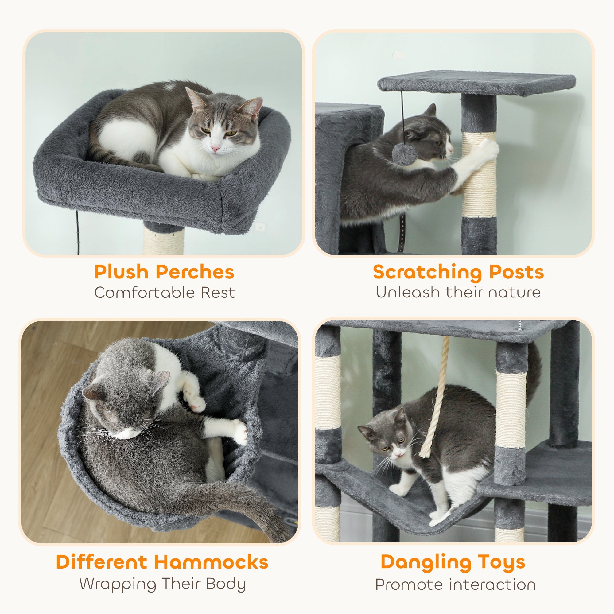 Gray plush pawhut cat tree with 6 scratching posts 2 condos 2 hammocks and pompoms for indoor cats 60w x 48d cat houses