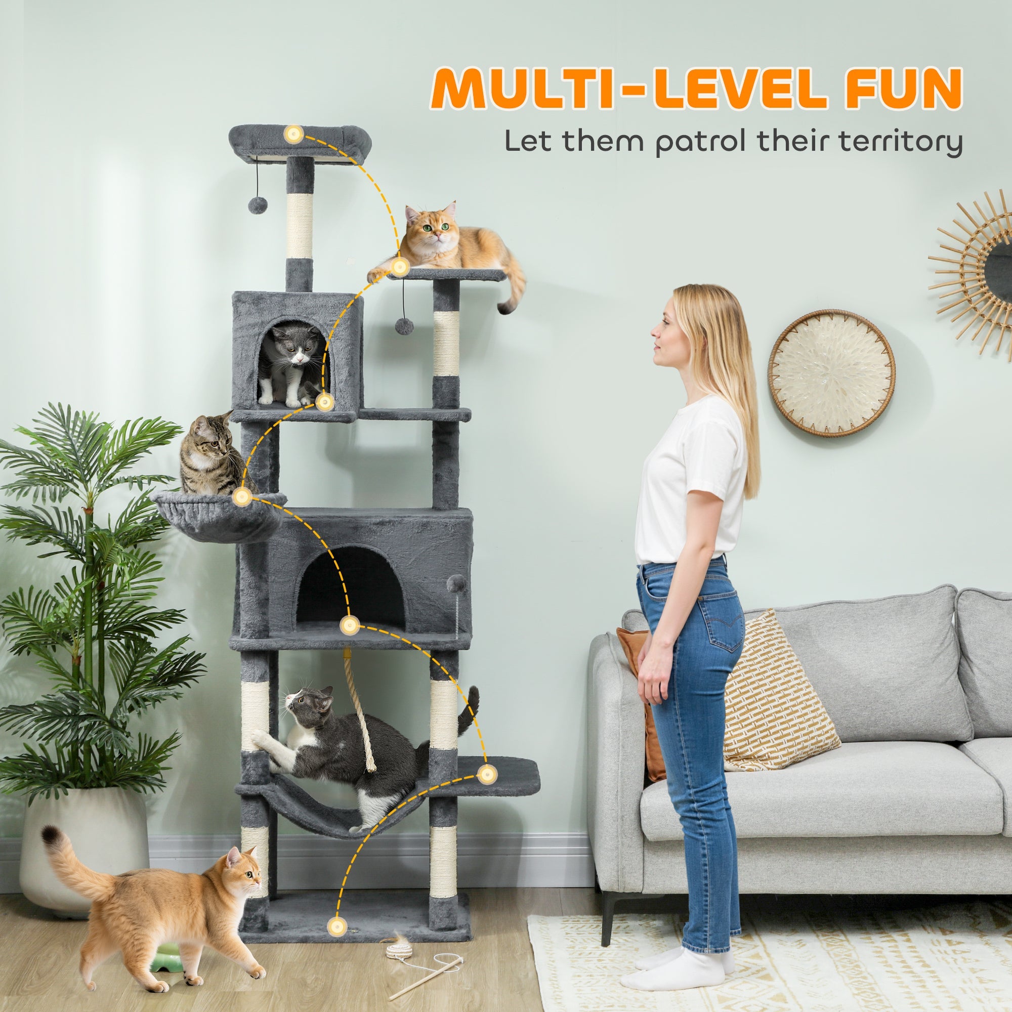 Gray pawhut 202cm large cat tree with sisal scratching posts, condos, and perches for indoor cats to rest and play 60w x 48d