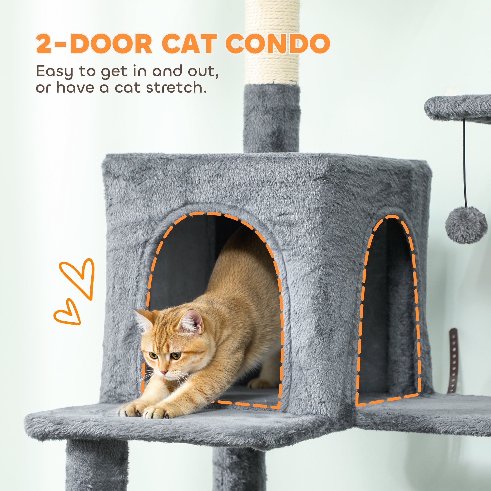 Gray plush two-door cat condo with soft fuzzy texture and arched entryways in pawhut 60w x 48d cat houses for indoor cats