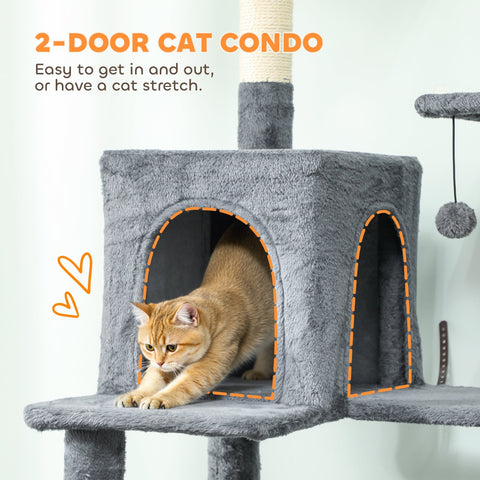Gray plush two-door cat condo with soft fuzzy texture and arched entryways in pawhut 60w x 48d cat houses for indoor cats