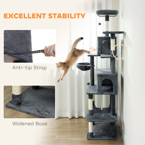 Gray plush pawhut cat tree with sisal scratching posts and woven rope ladder for indoor cats 60w x 48d cat houses