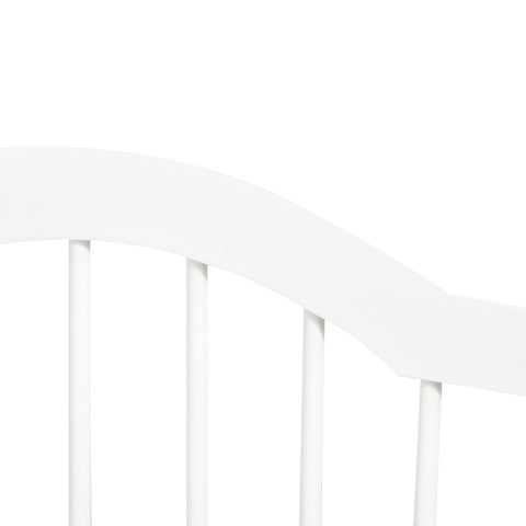 White painted wooden headboard with curved top and vertical spindles shown on pawhut pet gate with sturdy hinges and support feet