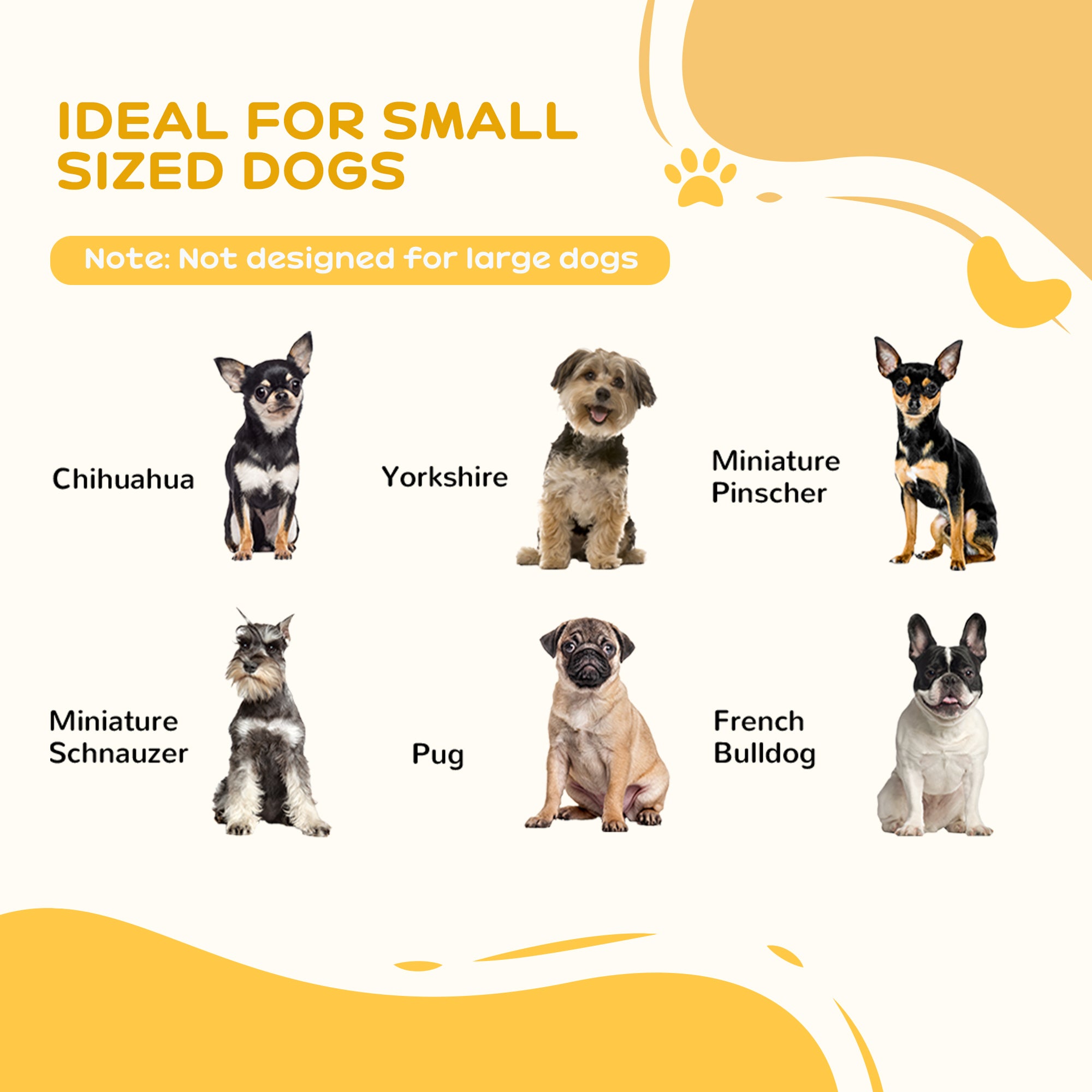 Pawhut 3 panels white wood pet gate with sturdy hinges and support feet holding six small dog breeds safely