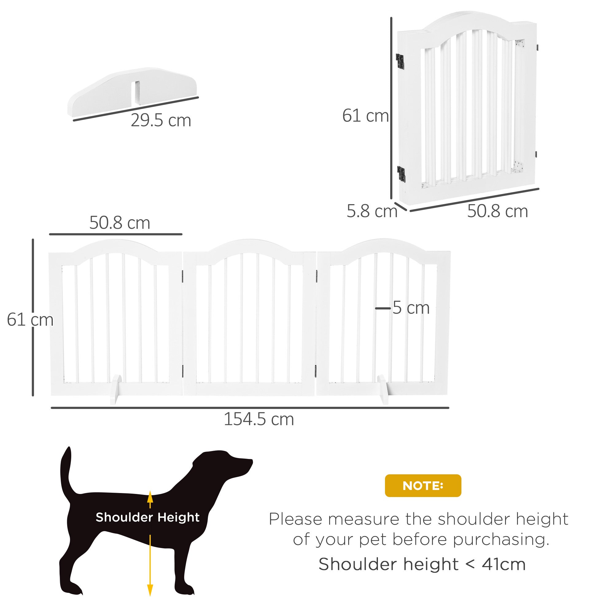 White wooden pet gate with arched top and sturdy hinges featuring support feet for freestanding safety barrier
