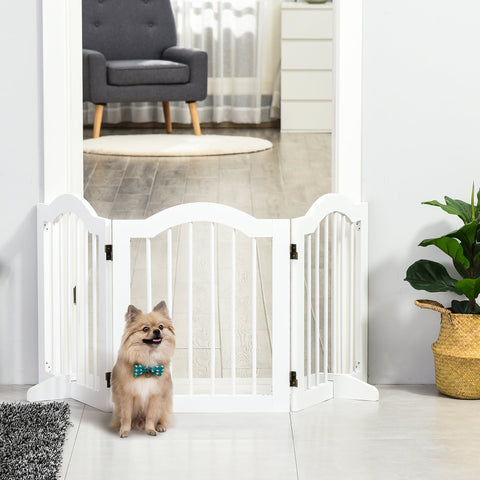 White pawhut 3 panel pet gate with arched top, sturdy hinges, and support feet for a freestanding safety barrier