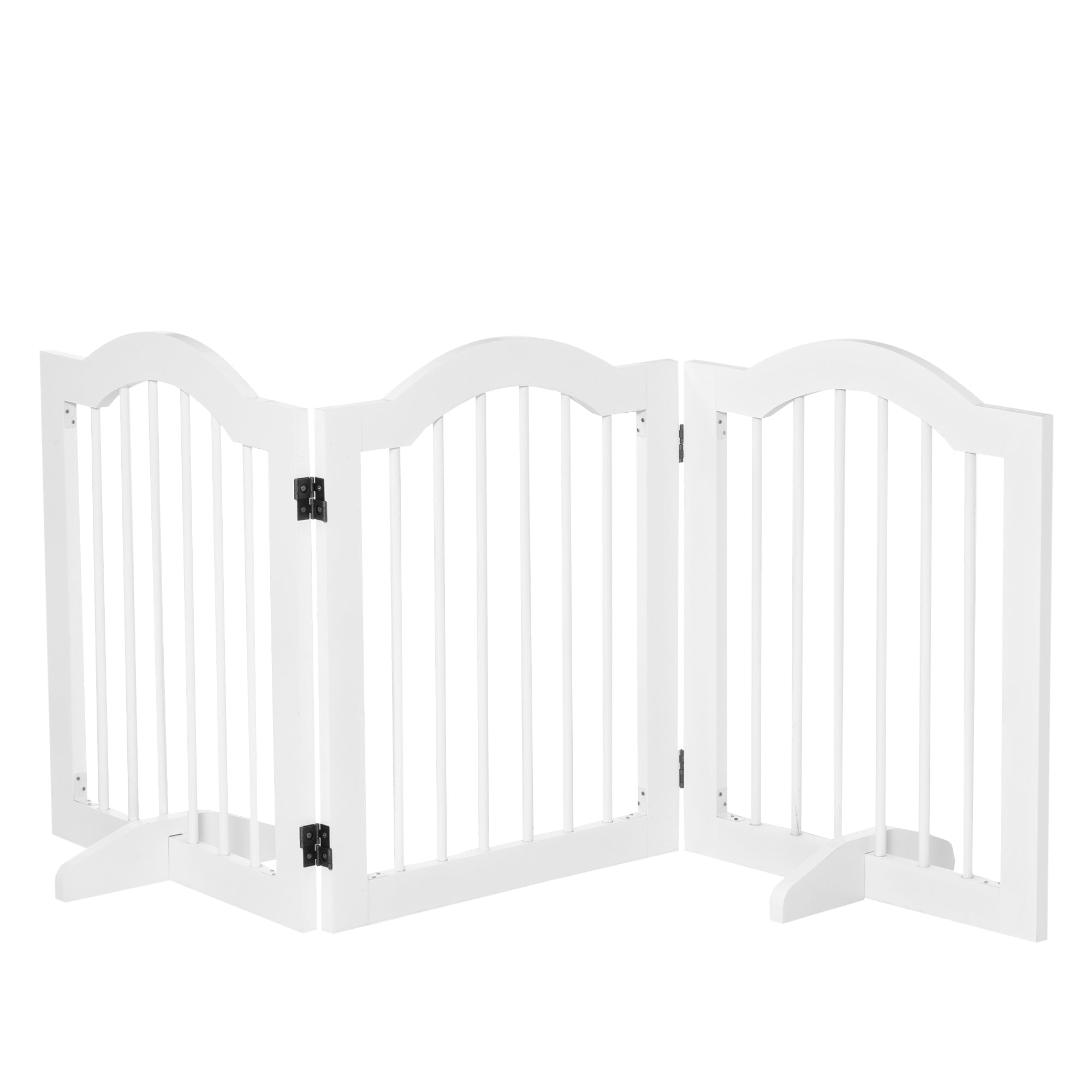 White wooden pet gate with arched top and vertical slats featuring sturdy hinges and support feet for safety barrier