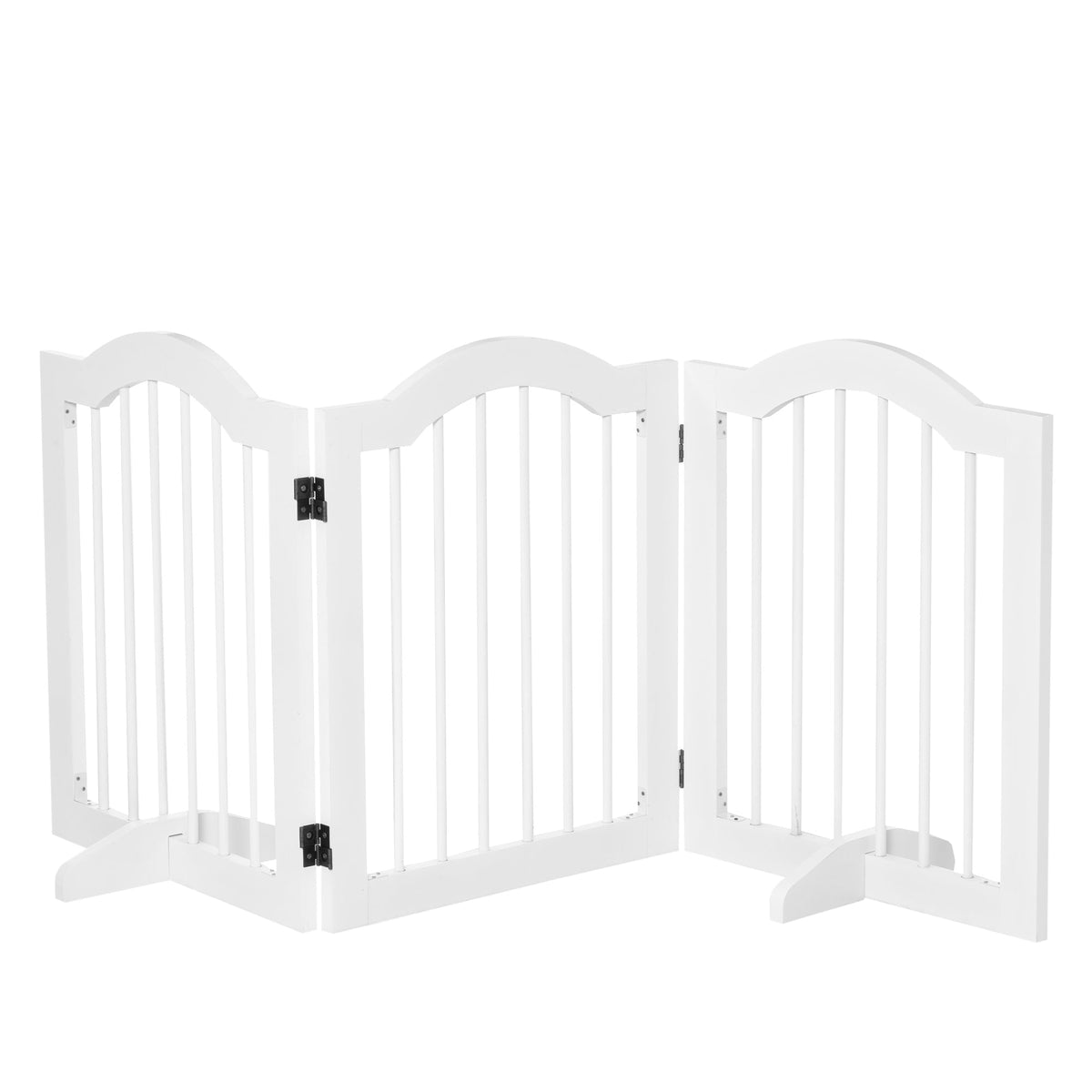 White wooden pet gate with arched top and vertical slats featuring sturdy hinges and support feet for safety barrier