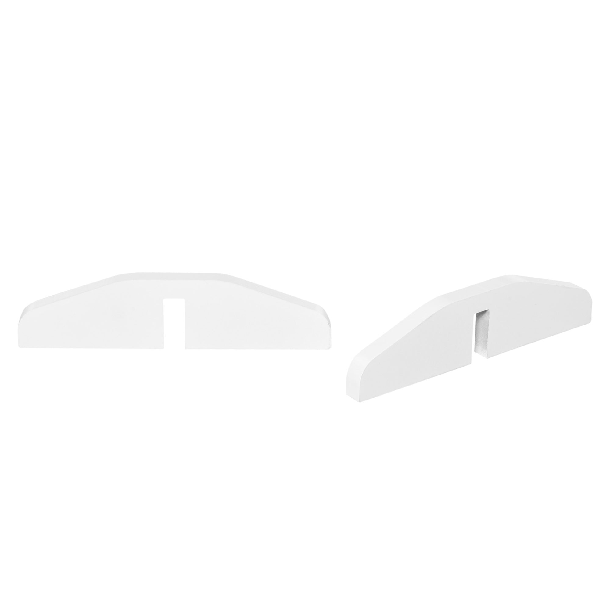 White plastic eyeglass temple tips with smooth curved design and cutout on pawhut pet gate support feet side