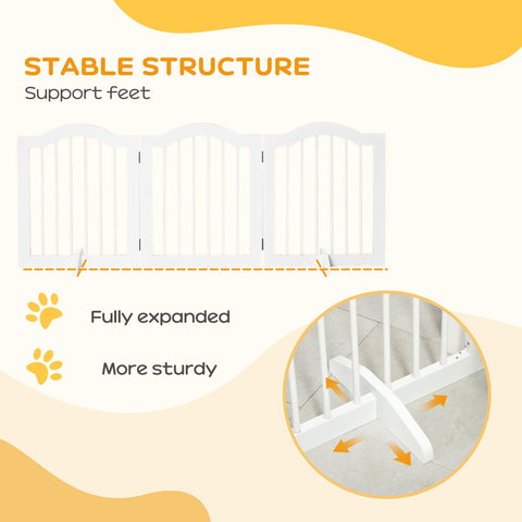 White wooden pawhut pet gate with arched top sturdy hinges and support feet for freestanding safety barrier