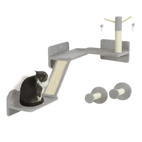 Gray pawhut wall-mounted cat tree with particle board scratching posts corner platform and dangling toys