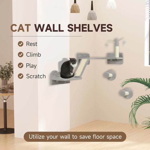 Gray pawhut cat wall shelf with scratching posts particle board corner platform for climbing resting and playing