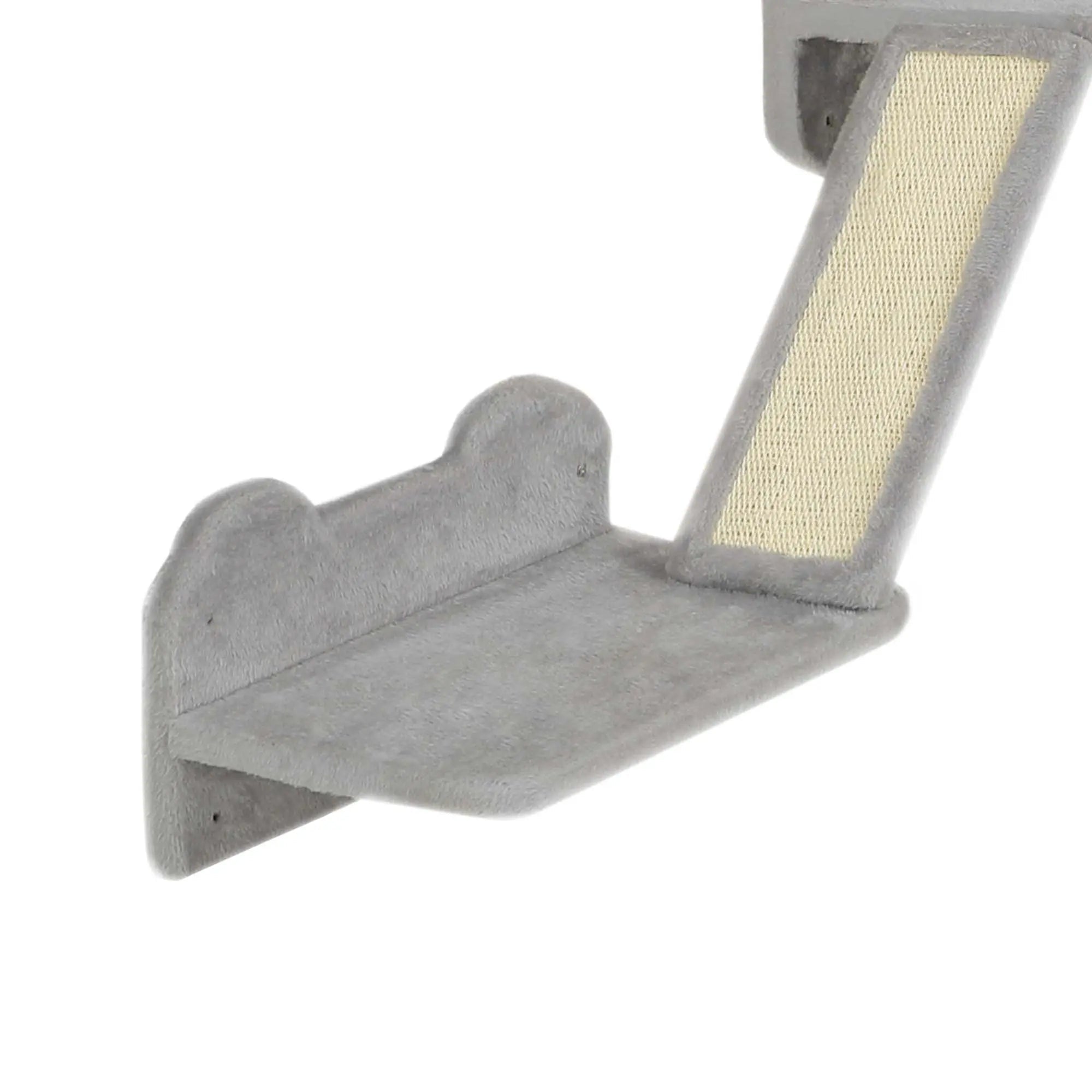 Gray plush cat shelf from pawhut with textured scratching posts and particle board corner platform in light grey