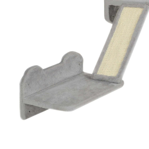 Gray plush cat shelf from pawhut with textured scratching posts and particle board corner platform in light grey