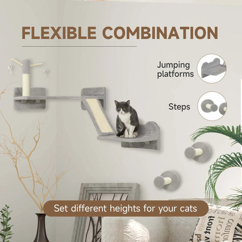 Gray pawhut cat wall furniture with particle board scratching posts and corner platform for climbing and scratching