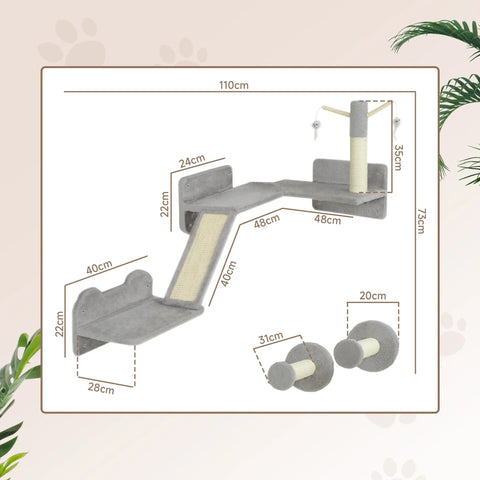 Gray pawhut cat wall furniture with particle board scratching posts, corner platform, and dangling toy ball