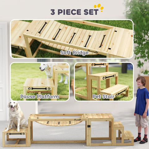 Light-colored wooden dog agility set with soft bridge pause platform and black bone-shaped handles by pawhut