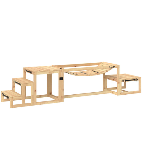 Light-colored wooden dog agility playset with soft bridge pause platform and pet stairs for outdoor training