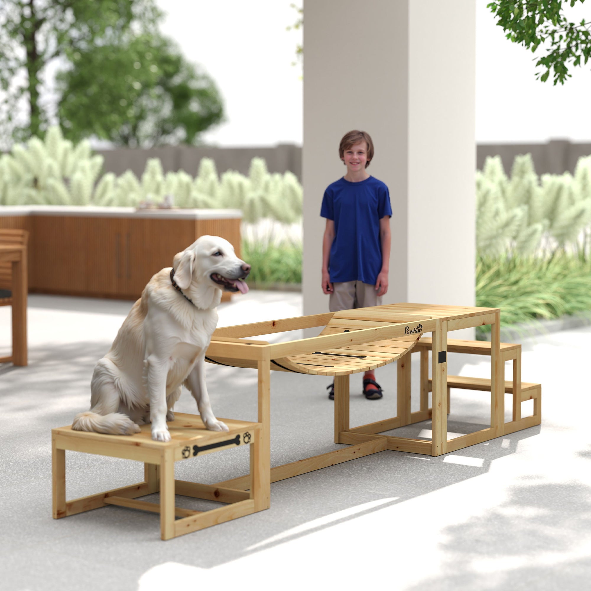 Light wooden dog agility training set with soft bridge curved ramp and pause platform by pawhut for outdoor use