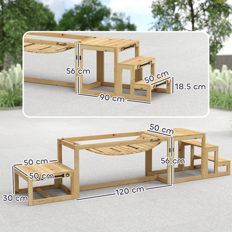 Light-colored wooden outdoor dog agility play structure with soft bridge and pause platform for training fun