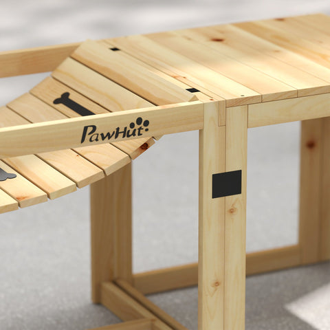 Light-colored wooden dog ramp with pawhut logo and bone design for dog agility training with soft bridge and pause platform
