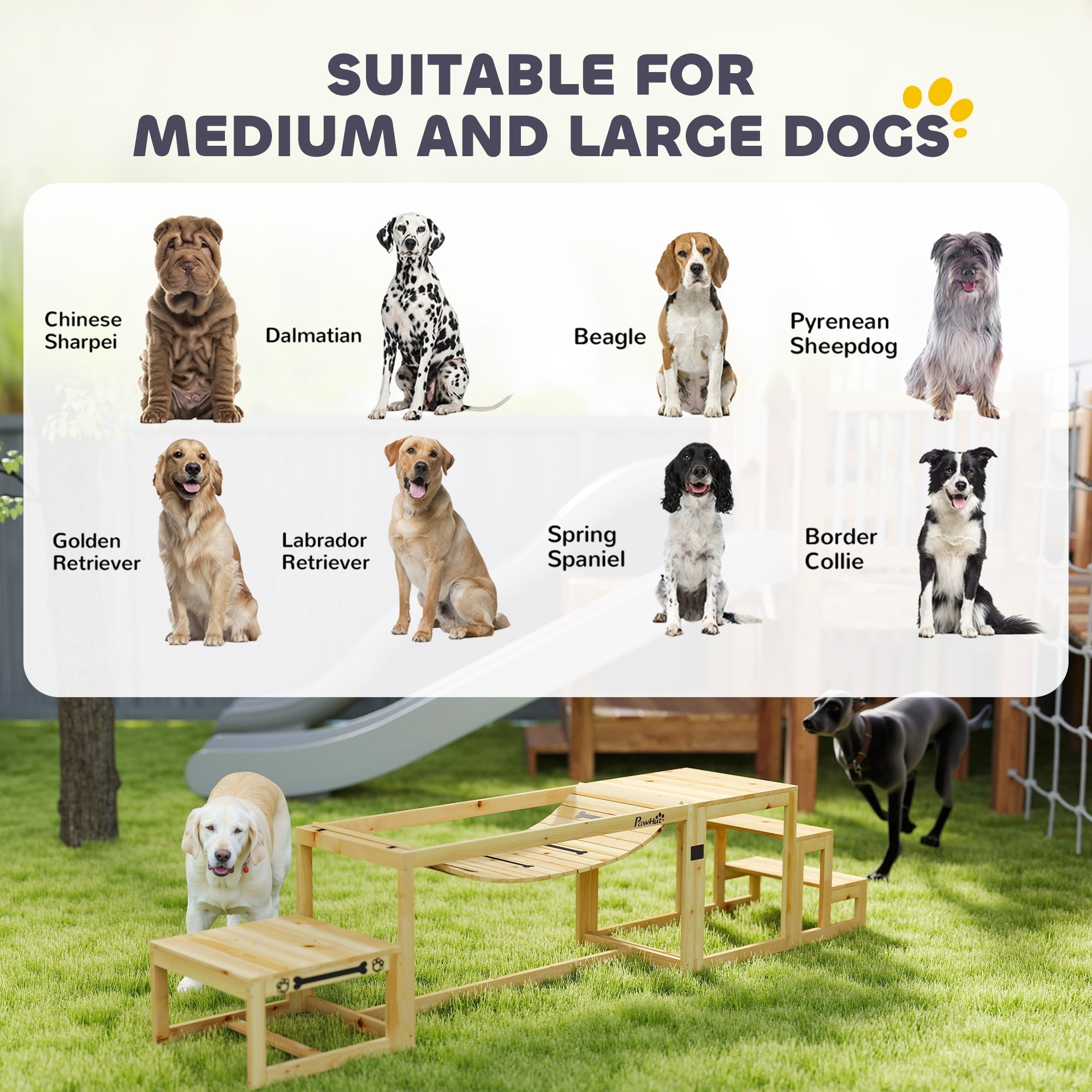 Light-colored wooden dog agility obstacle with soft bridge ramp and pause platform for outdoor training by PawHut