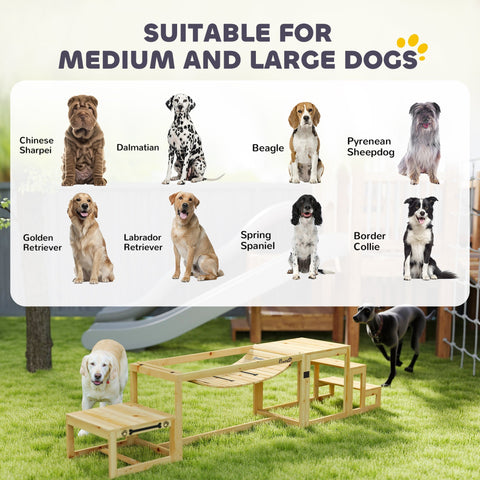 Light-colored wooden dog agility obstacle with soft bridge ramp and pause platform for outdoor training by PawHut