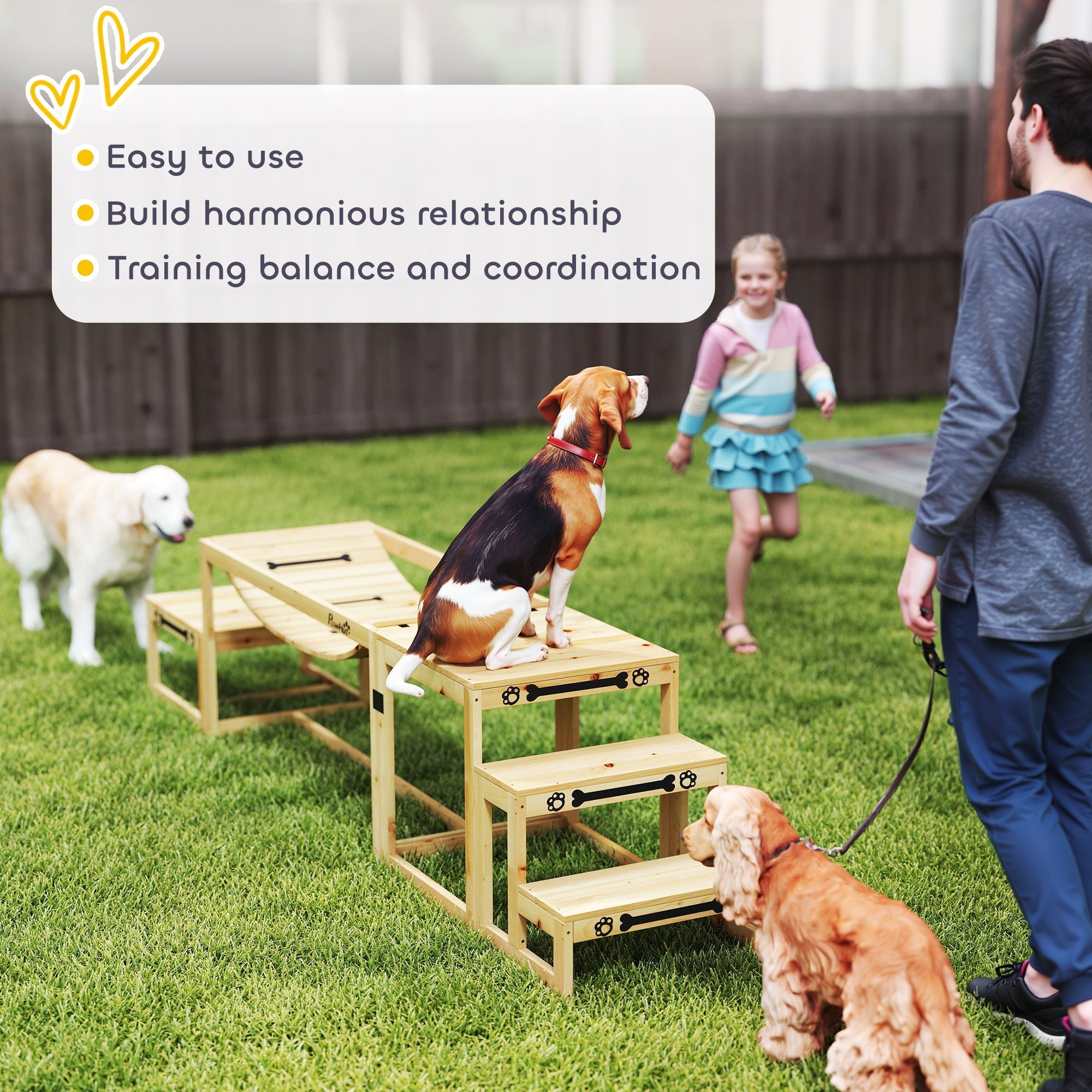 Light-colored wooden dog agility stairs with soft bridge and pause platform featuring black paw print and bone designs