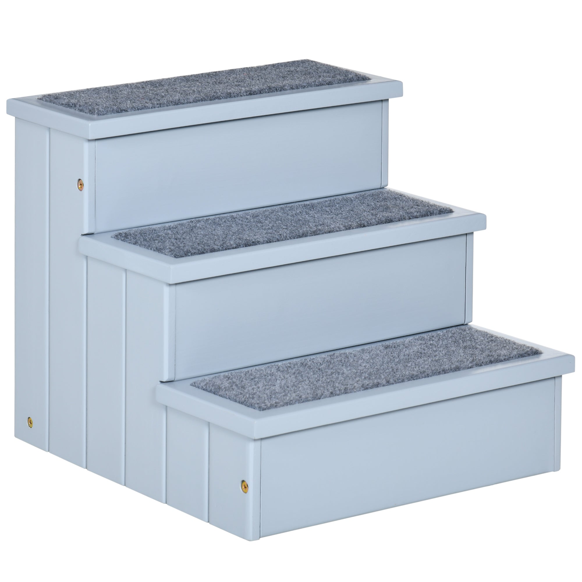 Light blue pawhut 3 step pet stairs with gray carpet made of fir wood for dogs and cats up to 30kg to reach higher places