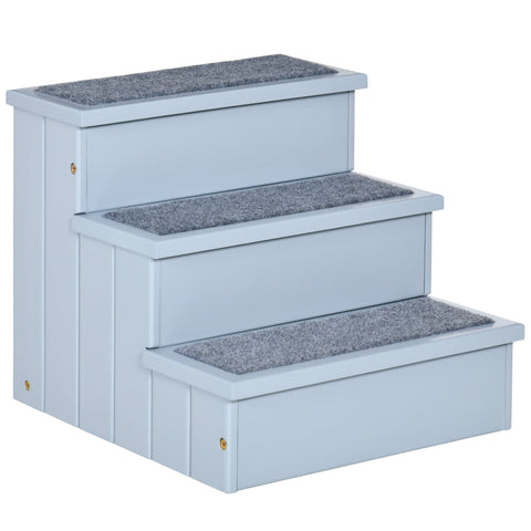 Light blue pawhut 3 step pet stairs with gray carpet made of fir wood for dogs and cats up to 30kg to reach higher places
