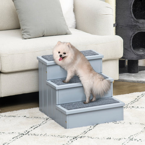Light blue pawhut pet stairs with textured gray non slip steps made of fir wood for higher places max load 30kg