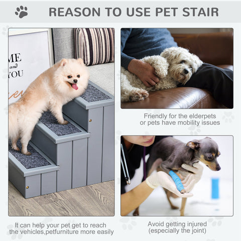 Pawhut 3 step wooden dog stairs with fir wood sides, gray textured non slip steps for reaching higher places max load 30kg