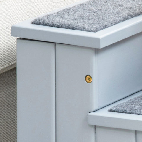 Light gray pawhut 3 step wooden dog stairs with textured gray felt steps and gold screw made of fir wood for higher places maximum load 30kg