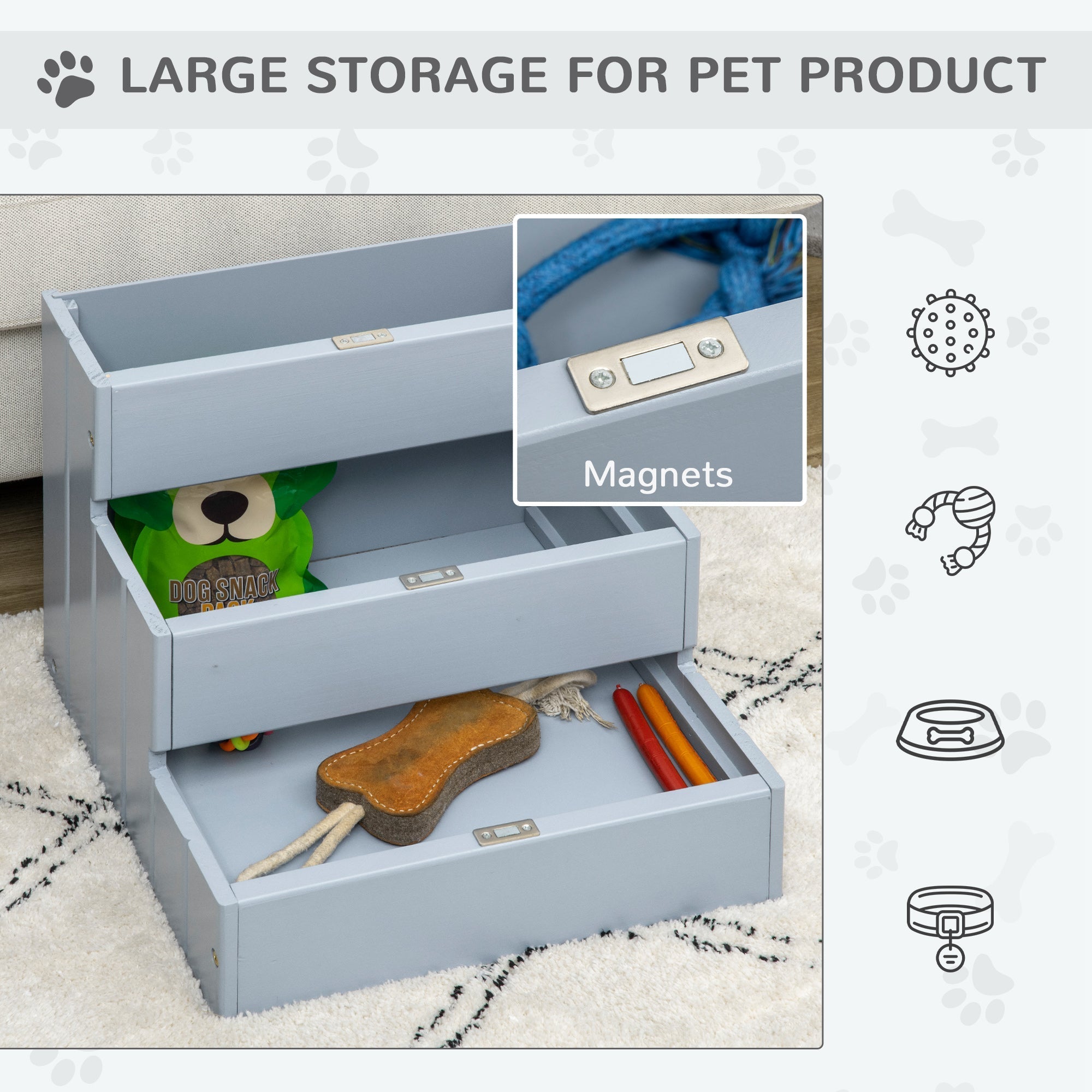 Light gray fir wood pawhut 3 step wooden dog steps with pull-out storage drawers for higher places max load 30kg