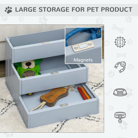 Light gray fir wood pawhut 3 step wooden dog steps with pull-out storage drawers for higher places max load 30kg