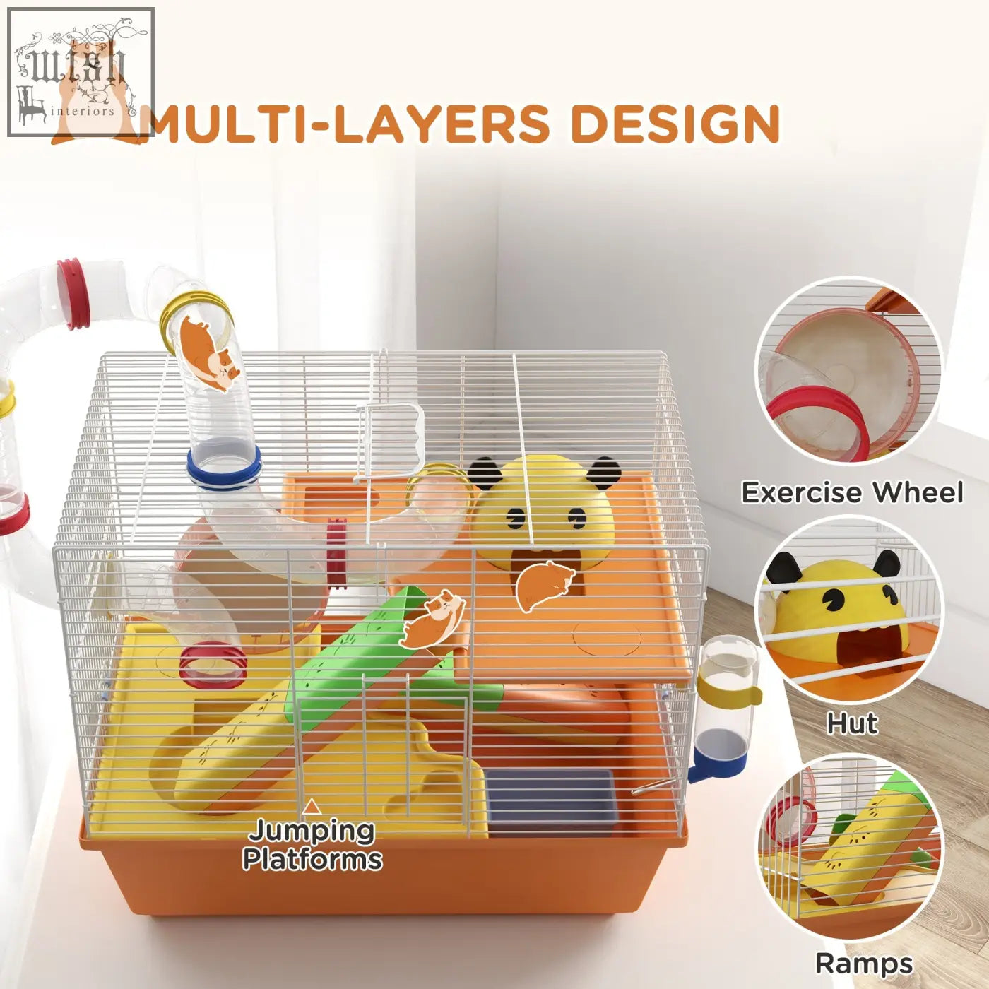 Orange pawhut 3 tiers hamster cage with colorful tunnels ramps panda hut food dish and water bottle included