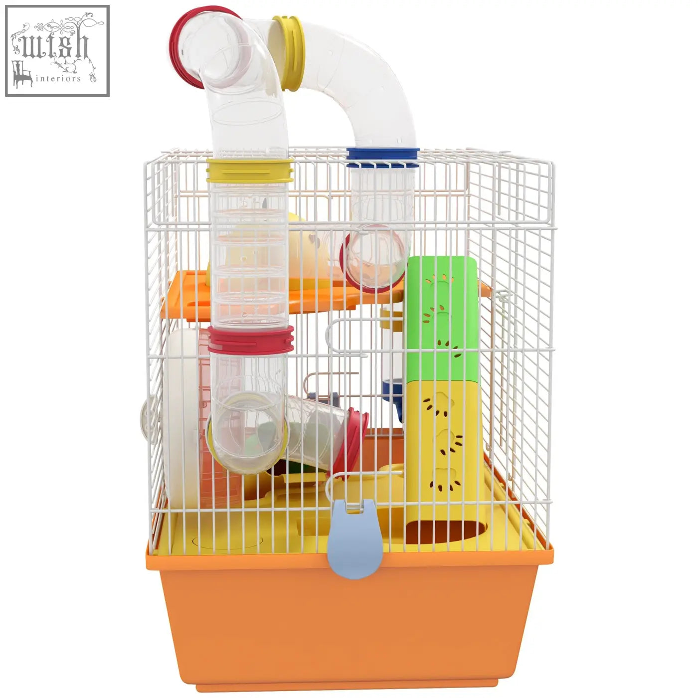 Colorful pawhut 3 tiers hamster cage with transparent tubes, orange base, green hideout, food dish, and water bottle