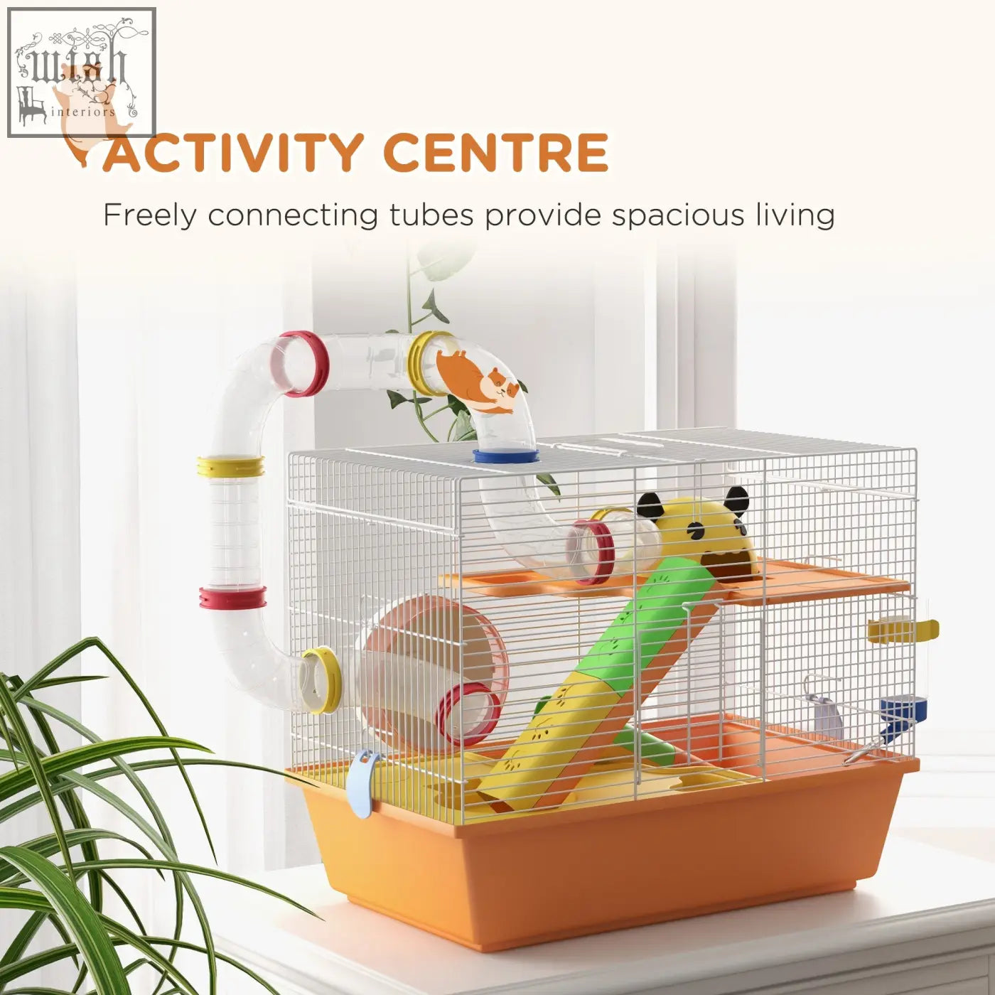 Colorful pawhut hamster cage with interconnected plastic tubes, yellow-green slide, food dish, and water bottle included