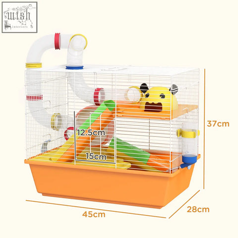 Bright orange pawhut hamster cage with white wire mesh and colorful tunnels including a food dish and water bottle