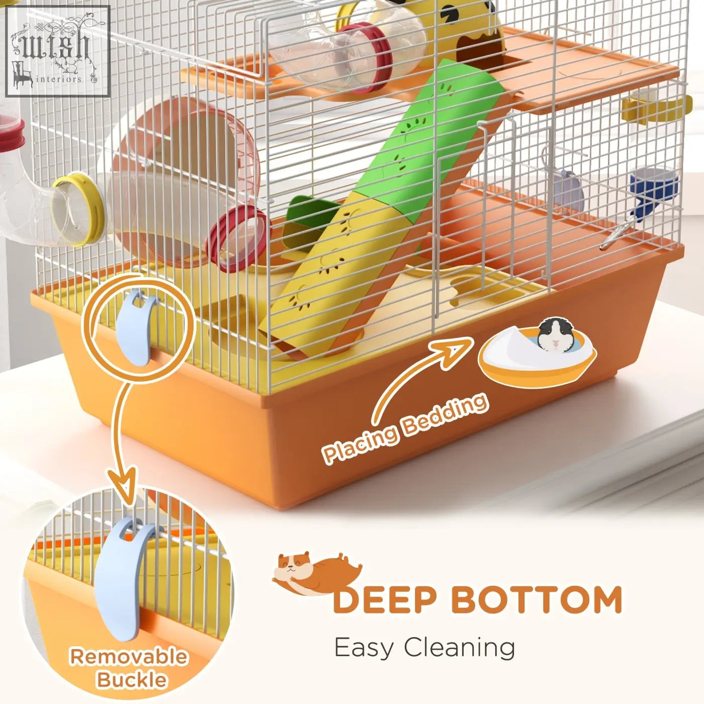 Orange multi-level pawhut hamster cage with wire mesh sides, plastic platforms, food dish, water bottle, and tubes