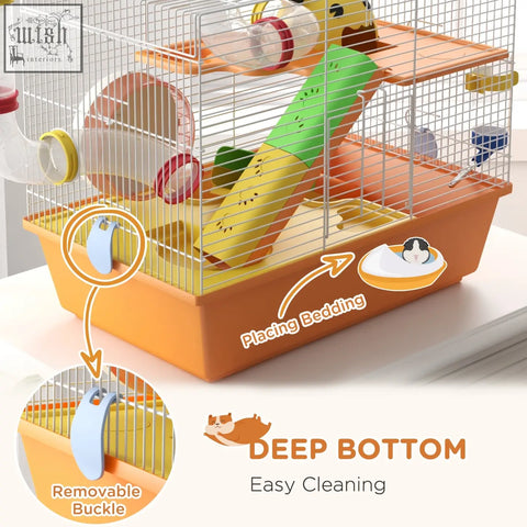 Orange multi-level pawhut hamster cage with wire mesh sides, plastic platforms, food dish, water bottle, and tubes