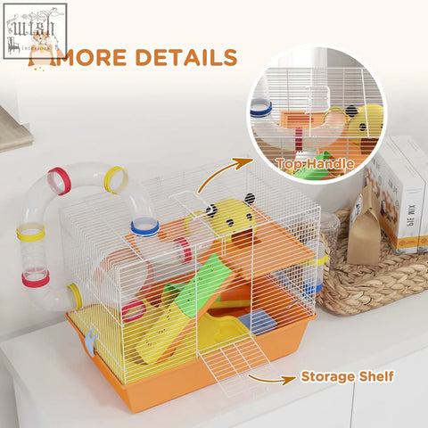 Bright orange and white pawhut hamster cage with colorful tunnels platforms and a food dish and water bottle