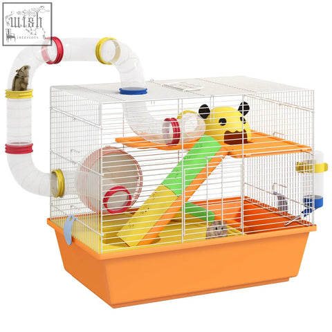 Bright orange pawhut hamster cage with white metal wire cage tubes food dish water bottle and exercise wheel