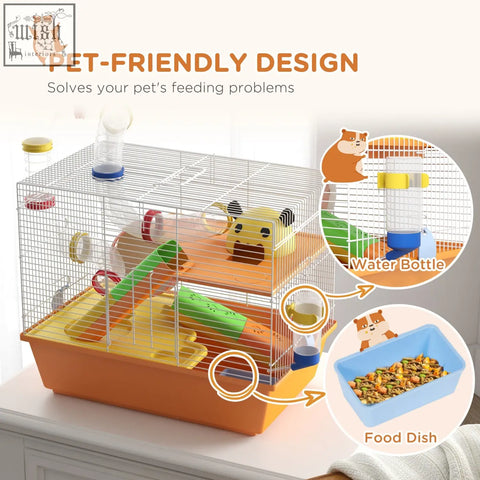 Pawhut 3 tiers hamster cage with orange base, metal wire mesh, panda hideout, tunnels, food dish, and water bottle