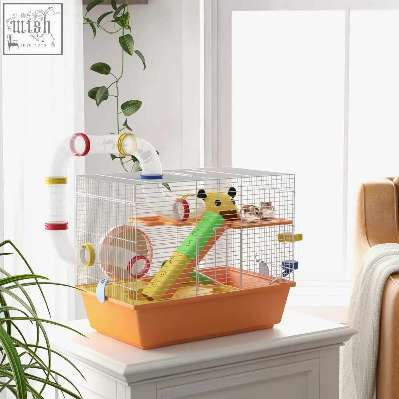 Orange pawhut 3 tiers hamster cage with clear mesh sides colorful tubes slide exercise wheel food dish water bottle