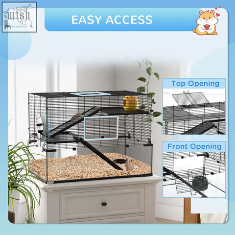 Black metal wire hamster cage with 3 tiers, running wheel, water bottle, and front access for easy cleaning and play