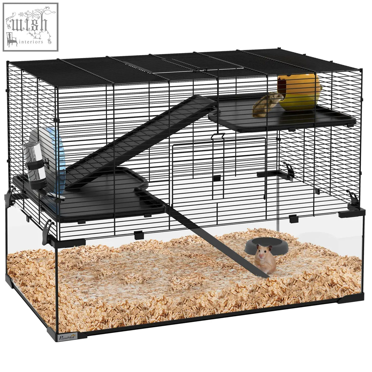 Black metal wire hamster cage with three tiers, platforms, ramps, running wheel, and water bottle for small pets